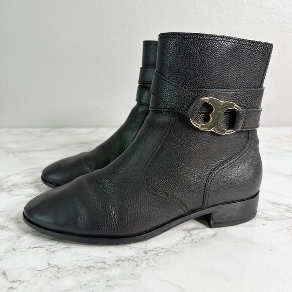 Tory Burch Gemini Goldtone Link Black Leather Flat Ankle Boots women’s size 8 - Picture 1 of 16